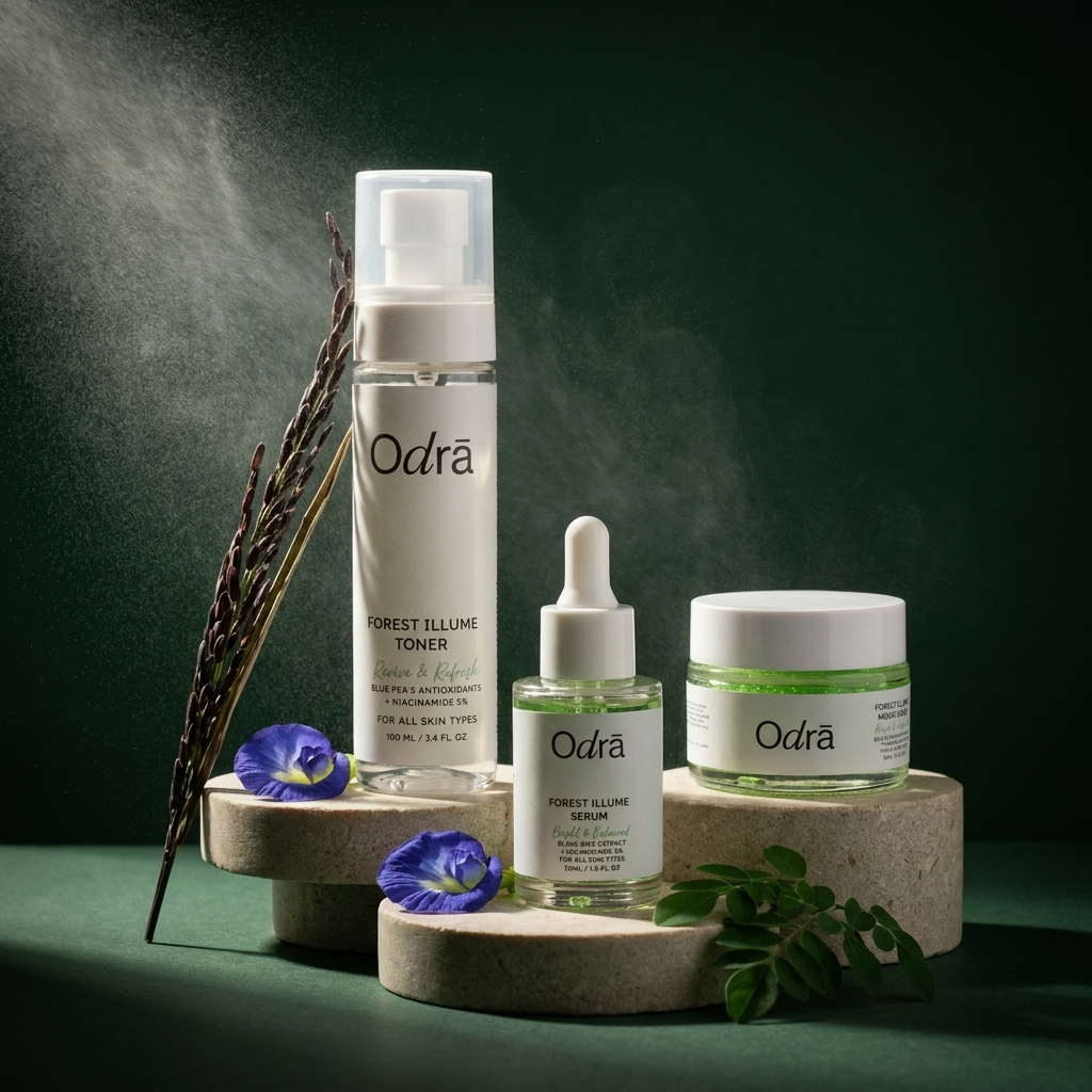 Forest Illume Bundle — toner, serum and moisturizer on stone plinths
