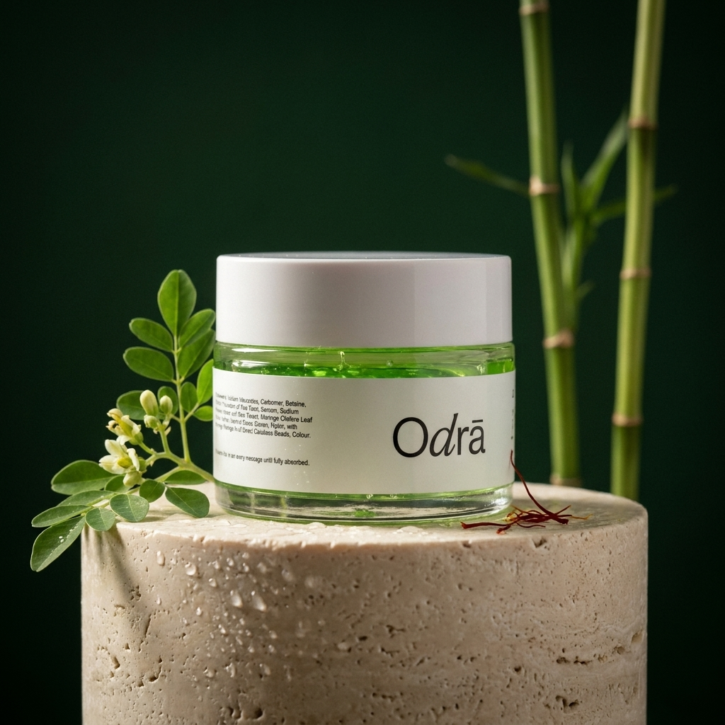 Forest Illume Moisturizer jar on travertine pedestal with moringa leaves and bamboo